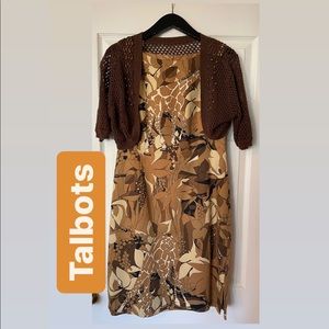 Tan/brown giraffe Talbots sleeveless dress w/ brown beaded shrug. Size 10 petite